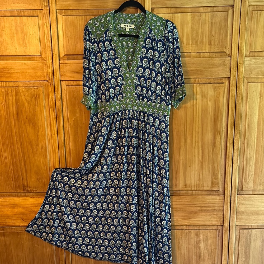 Boden Blue and White Maxi Dress with Cuffed Sleeves